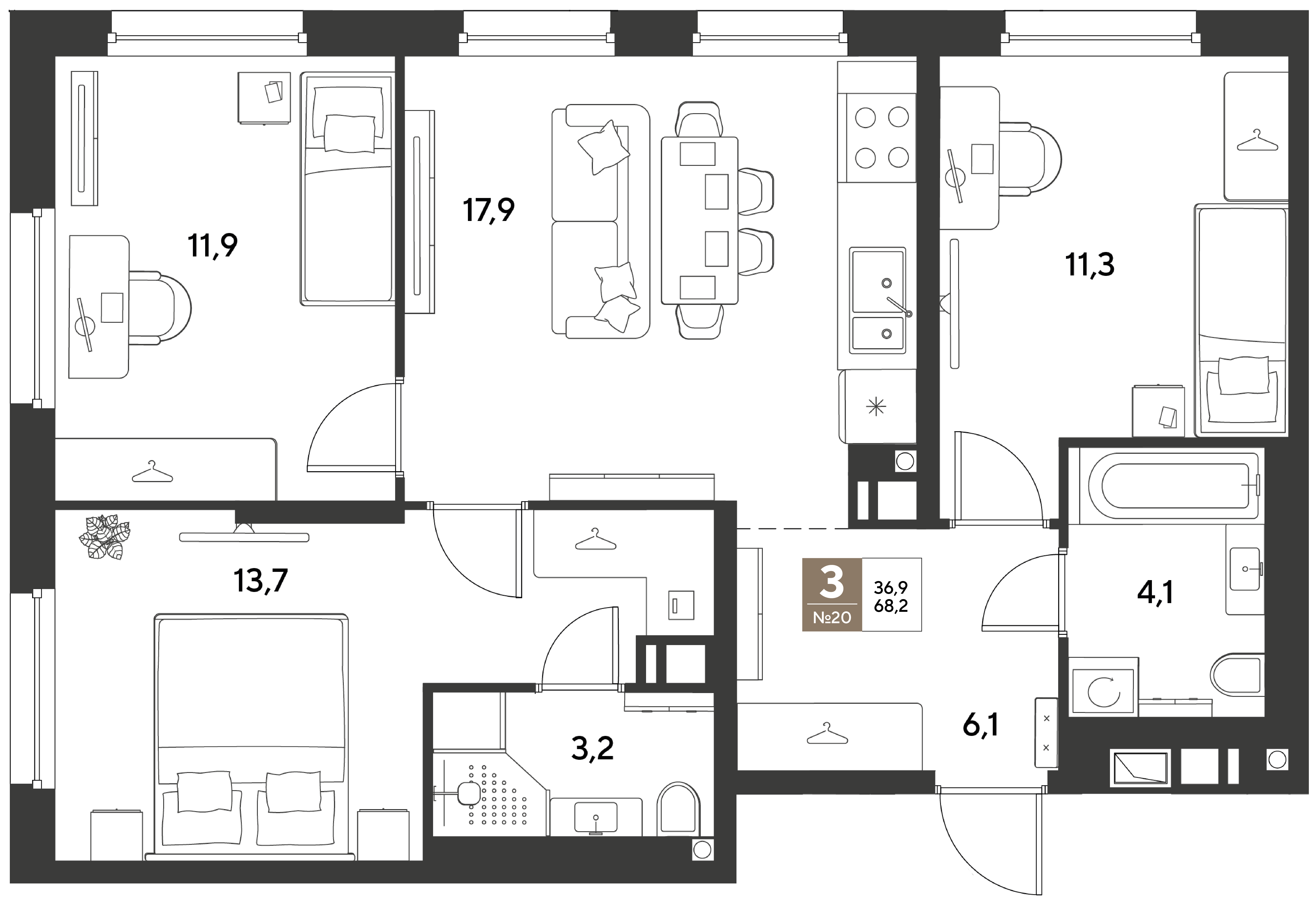 3-комнатная 68 м2 в ЖК GRADE корпус null этаж 5