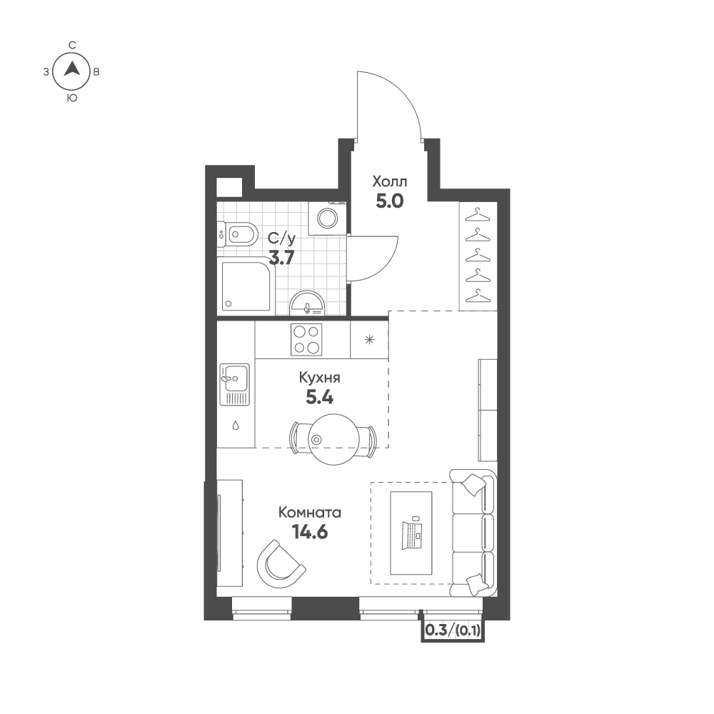 1-комнатная 28 м2 в ЖК Sokolinn Park корпус null этаж 7