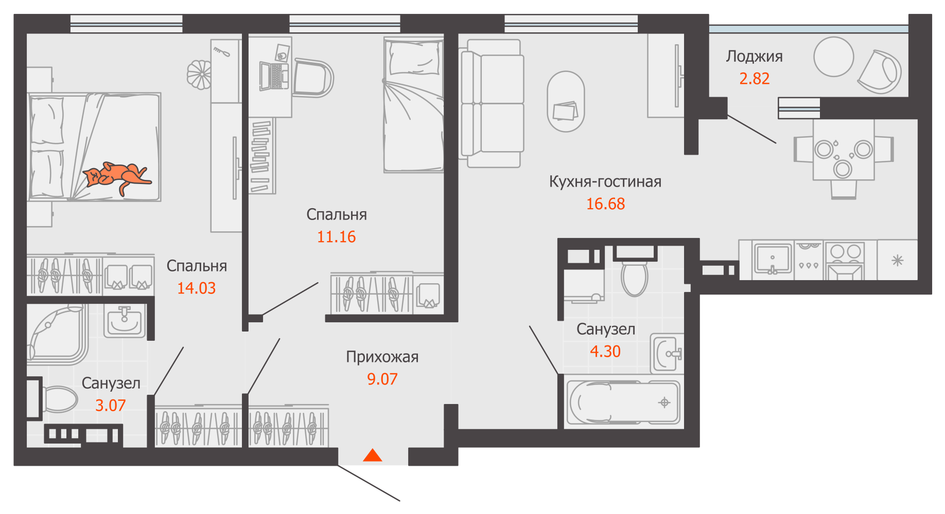 3-комнатная 60 м2 в ЖК Светлые кварталы корпус null этаж 7