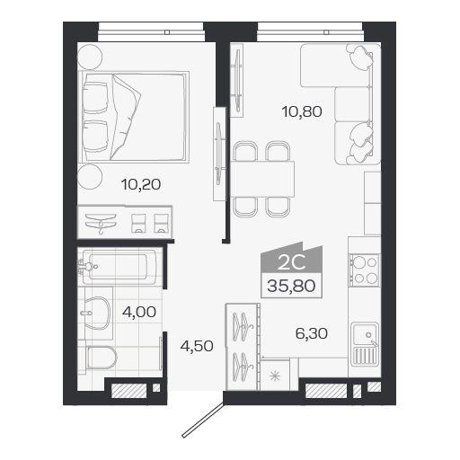 2-комнатная 35 м2 в ЖК Ясный берег корпус null этаж 25
