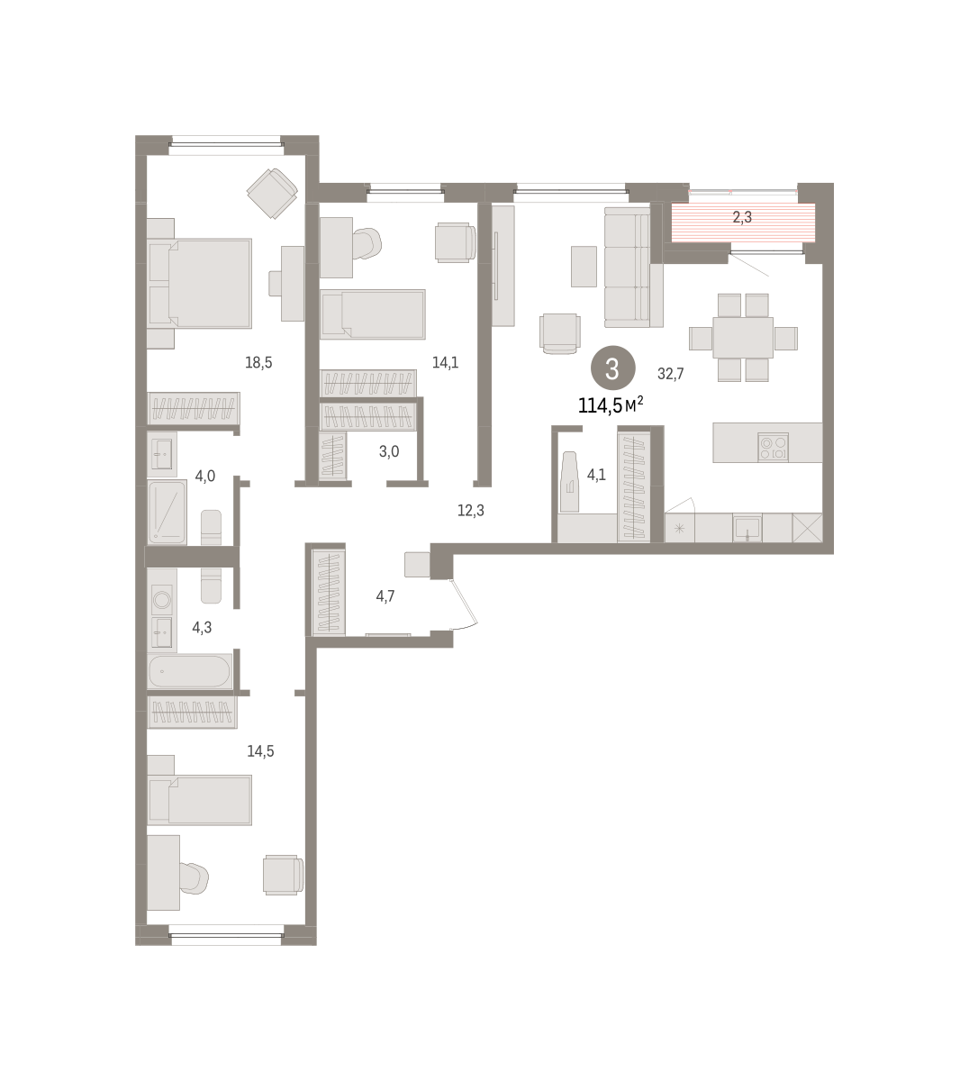 3-комнатная 114 м2 в ЖК Зарека корпус null этаж 5