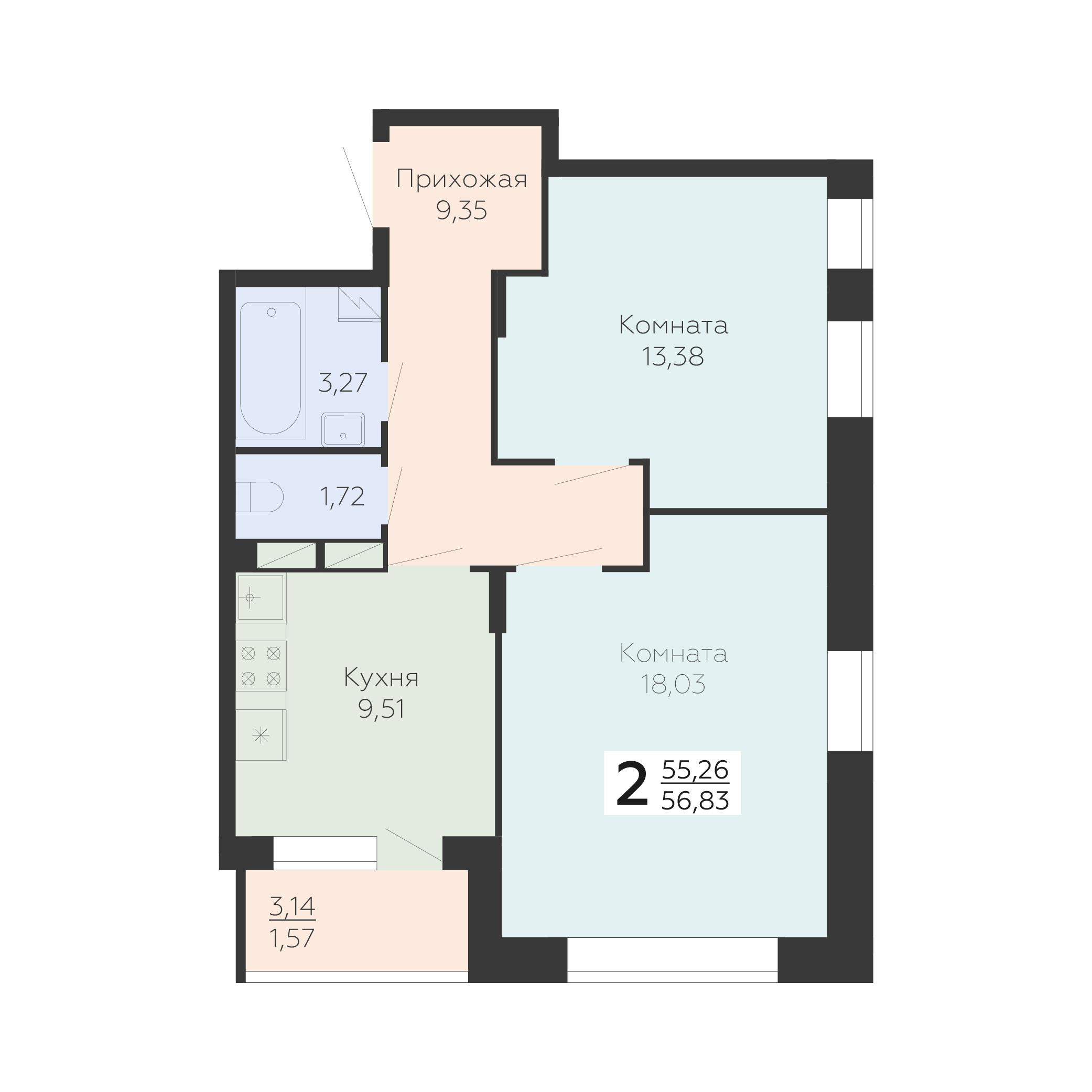 2-комнатная 56 м2 в ЖК Зарядье корпус null этаж 10