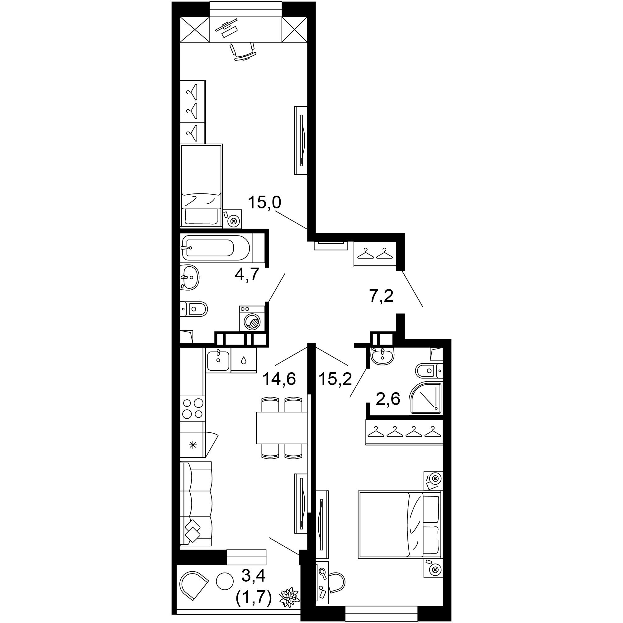 2-комнатная 61 м2 в ЖК Флора корпус null этаж 3