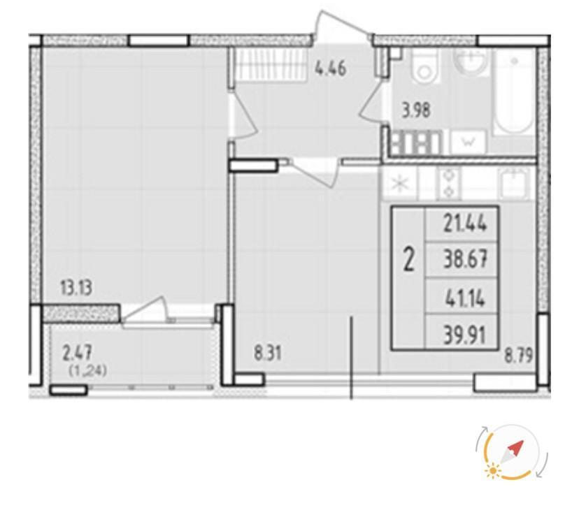 2-комнатная 39.9 м2 в ЖК undefined корпус null этаж 9