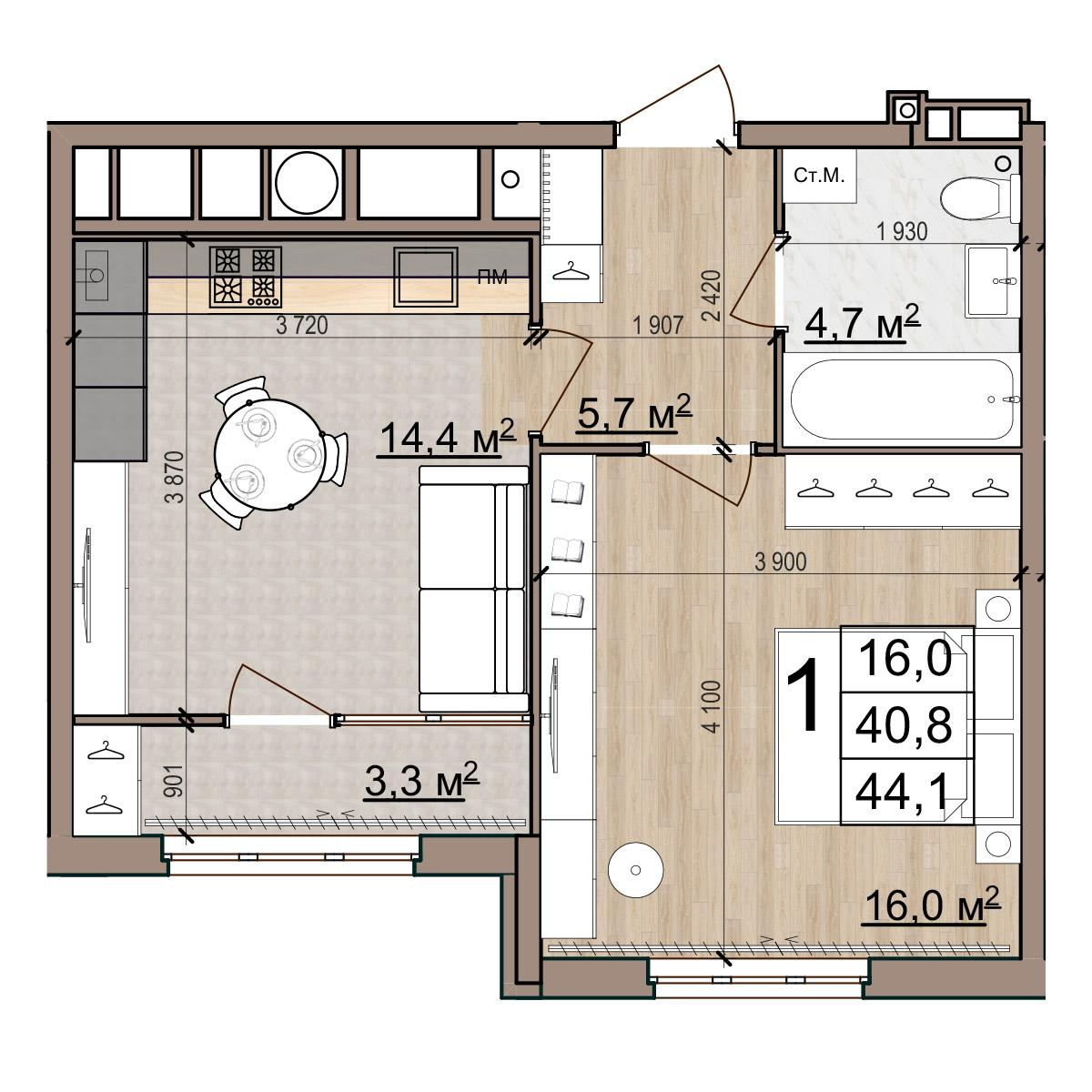 1-комнатная 44 м2 в ЖК Еврокласс-5 корпус null этаж 5