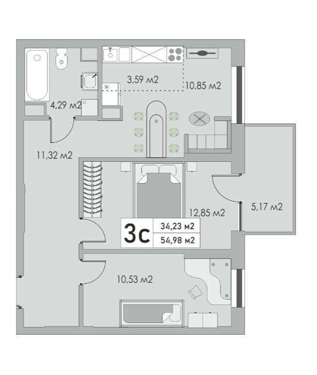 2-комнатная 55 м2 в ЖК undefined корпус null этаж 7