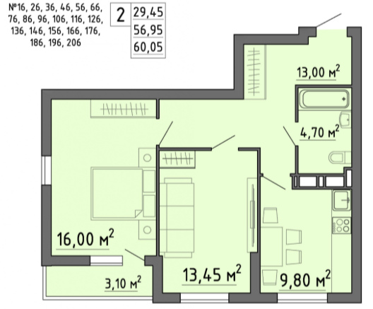 2-комнатная 60 м2 в ЖК undefined корпус null этаж 12