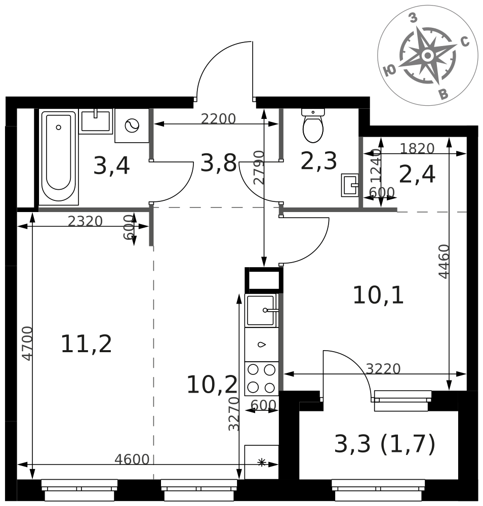 2-комнатная 45 м2 в ЖК 1-й Химкинский корпус null этаж 1