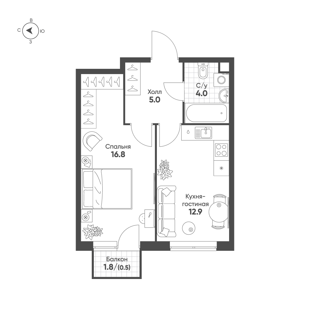 1-комнатная 39 м2 в ЖК Sokolinn Park корпус null этаж 4