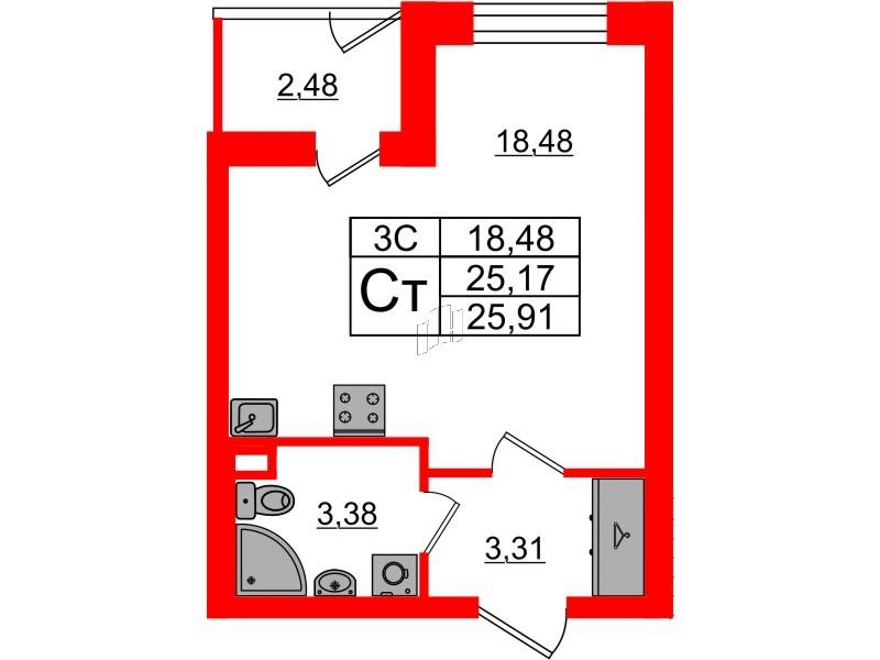 Студия 25 м2 в ЖК Парадный ансамбль корпус null этаж 1