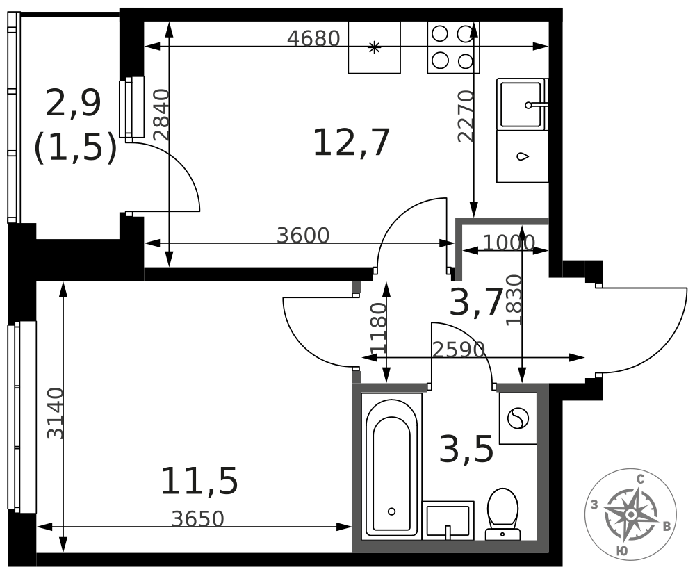1-комнатная 32 м2 в ЖК 1-й Ясеневский корпус null этаж 2
