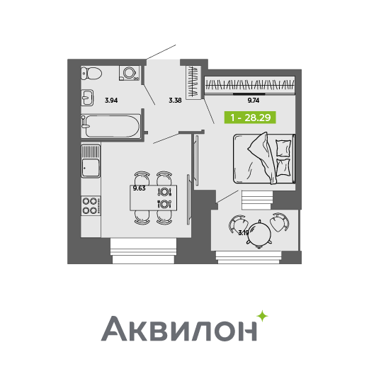 1-комнатная 28 м2 в ЖК Аквилон Роса корпус null этаж 8