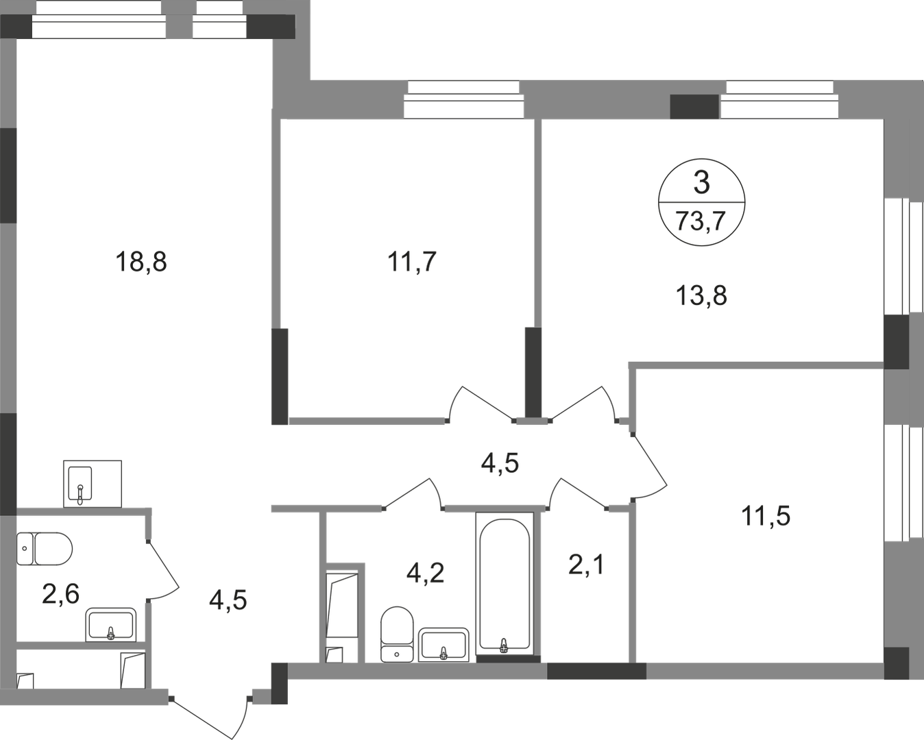 3-комнатная 73 м2 в ЖК Первый Московский корпус null этаж 12