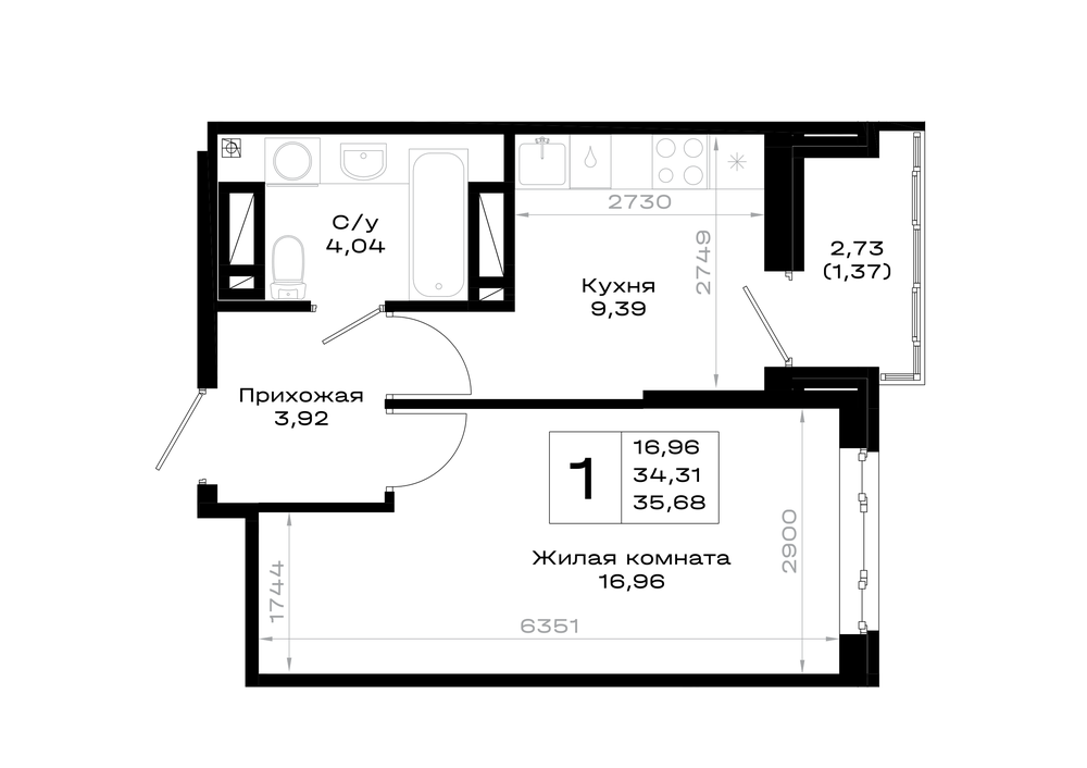 1-комнатная 35 м2 в ЖК Октябрь парк корпус null этаж 9