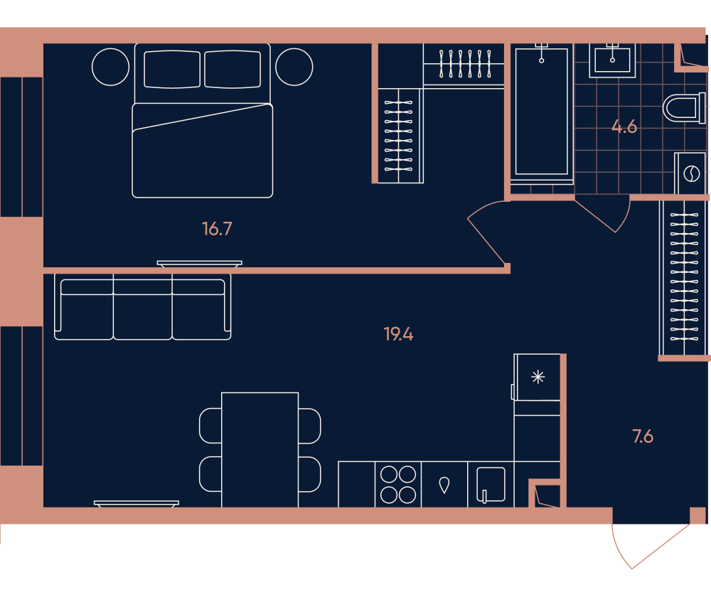 2-комнатная 48 м2 в ЖК ERA / Дербеневская 20 корпус null этаж 12