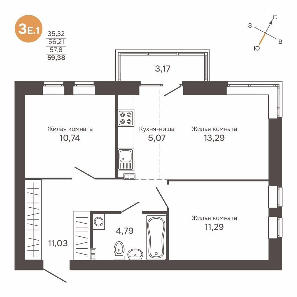 3-комнатная 57 м2 в ЖК Культура корпус null этаж 4
