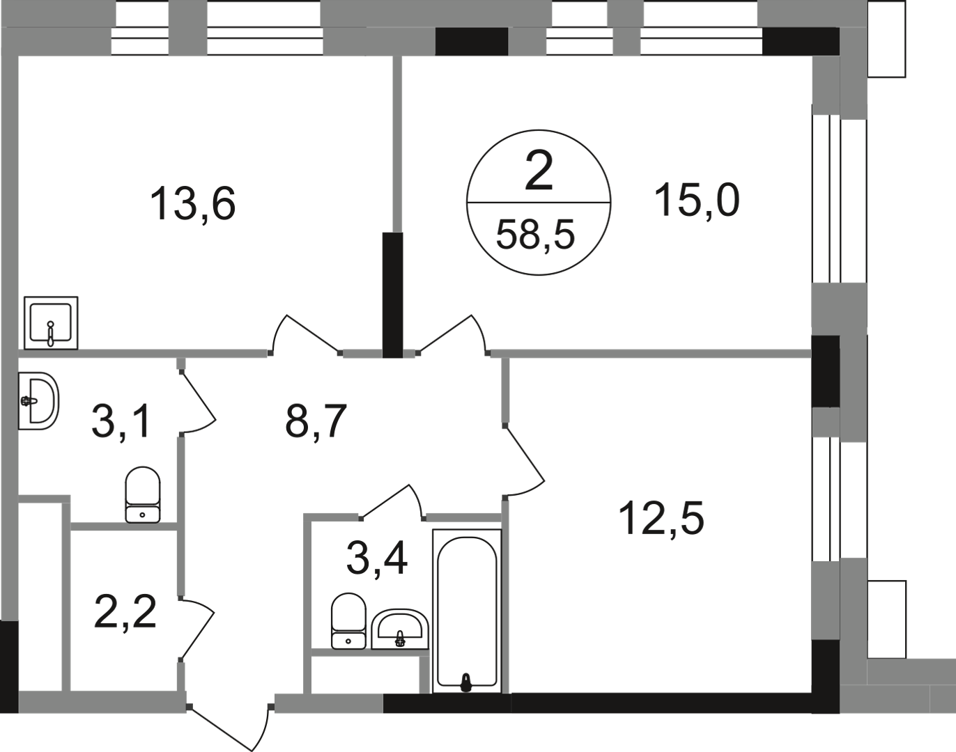 2-комнатная 58 м2 в ЖК Первый Московский корпус null этаж 18