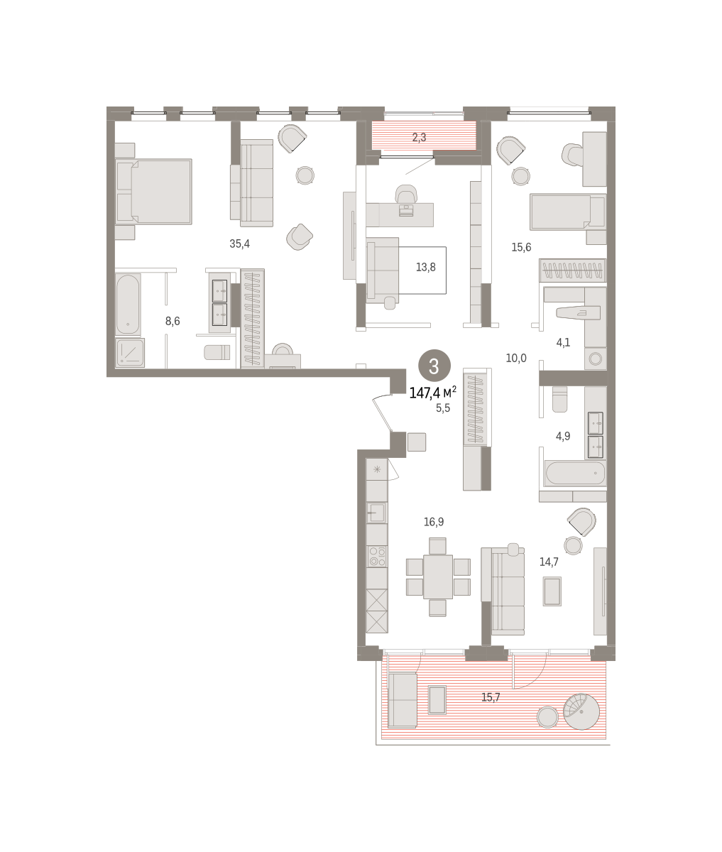3-комнатная 147 м2 в ЖК Зарека корпус null этаж 2