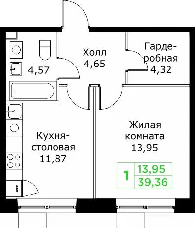1-комнатная 39 м2 в ЖК Кит корпус null этаж 15