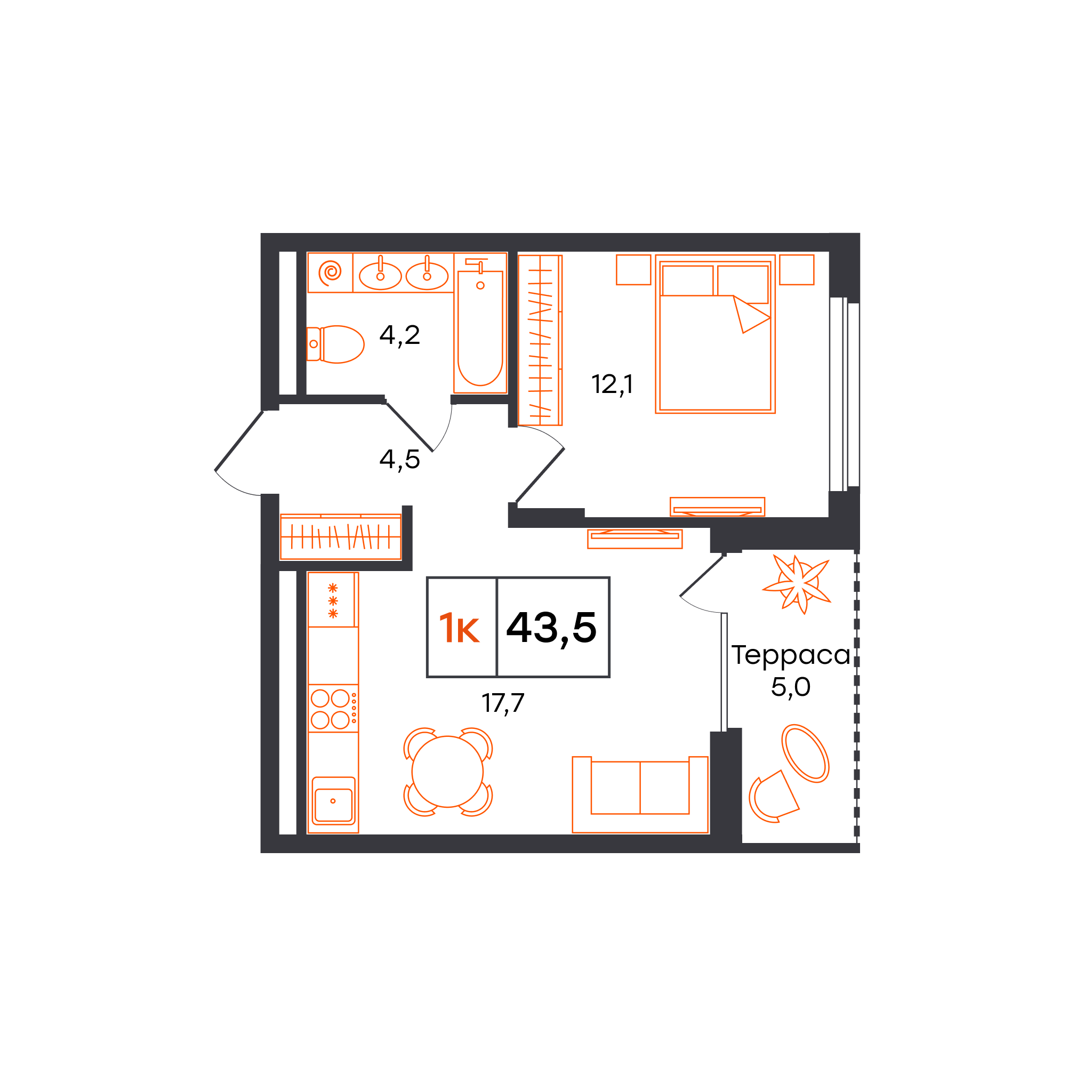 1-комнатная 43 м2 в ЖК Александровский корпус null этаж 9