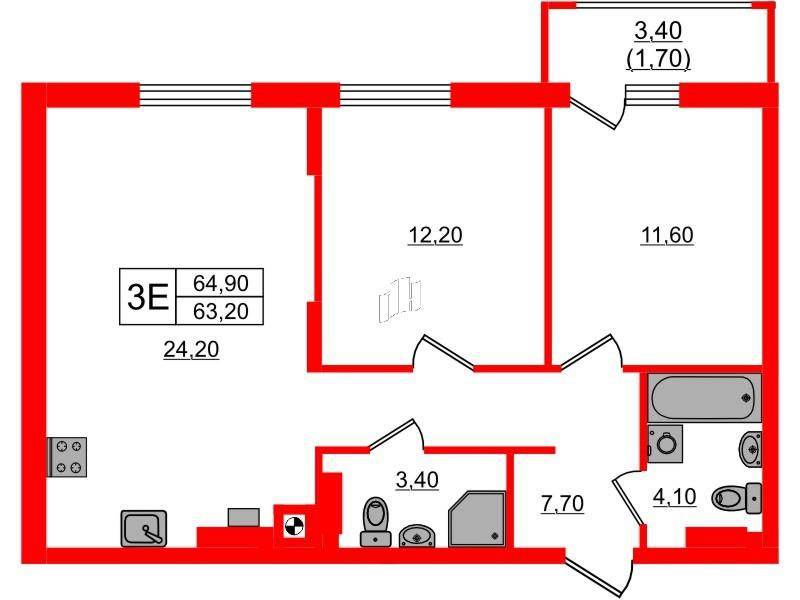 3-комнатная 64 м2 в ЖК River Park-2 корпус null этаж 3