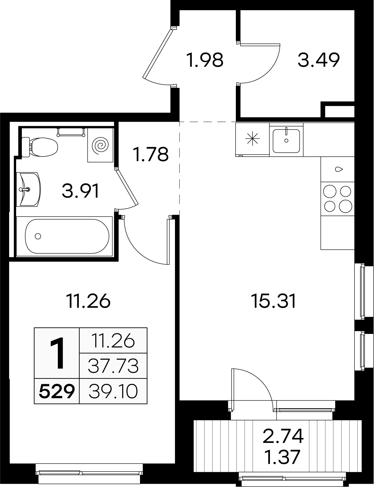 1-комнатная 39 м2 в ЖК Glorax Новинки корпус null этаж 4
