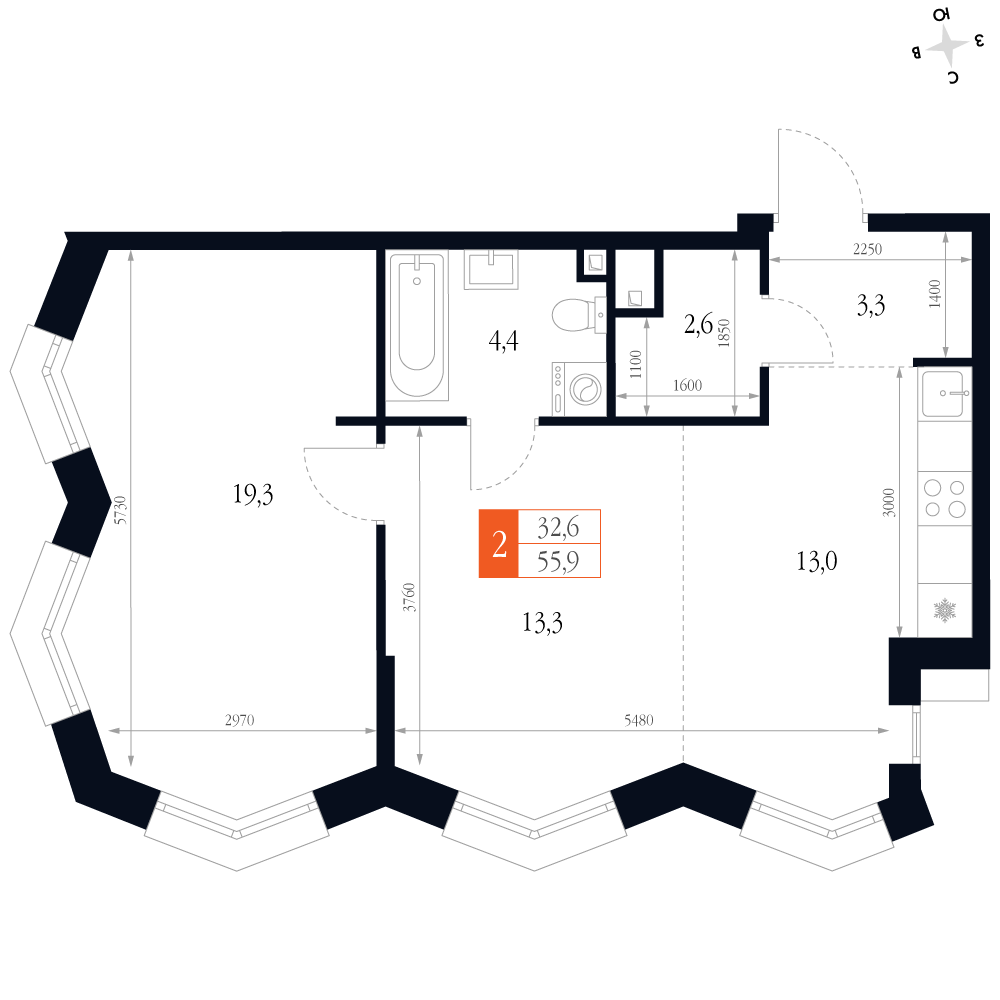 2-комнатная 55 м2 в ЖК Фордевинд корпус null этаж 9