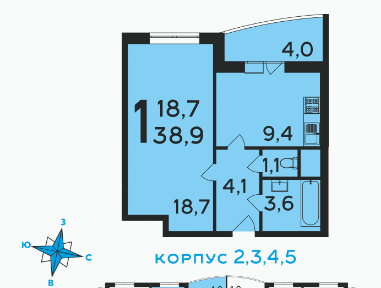 1-комнатная 39.3 м2 в ЖК undefined корпус null этаж 9
