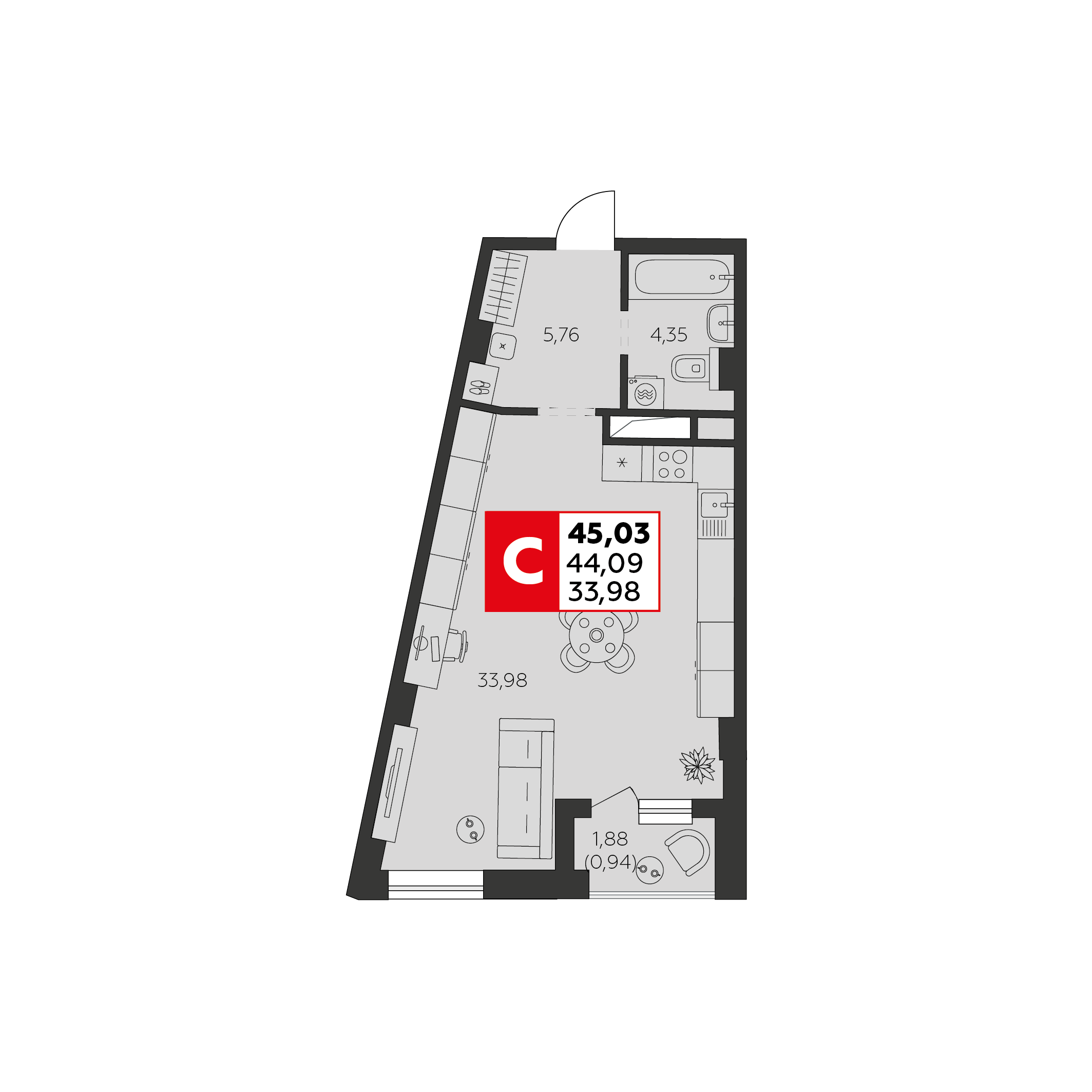 Студия 45 м2 в ЖК Высотка корпус null этаж 2