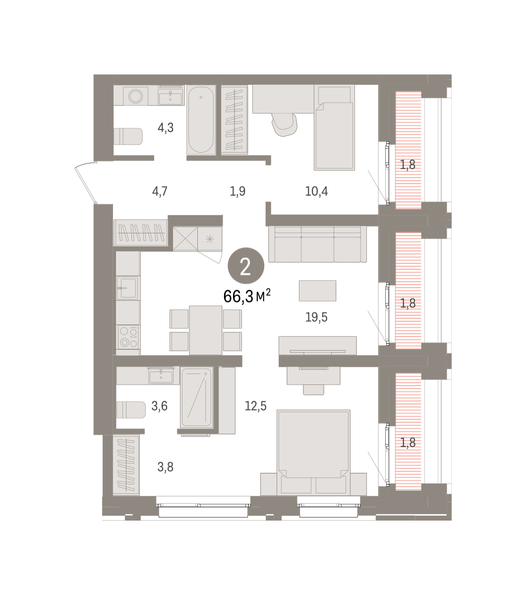 2-комнатная 67 м2 в ЖК Европейский берег корпус null этаж 14