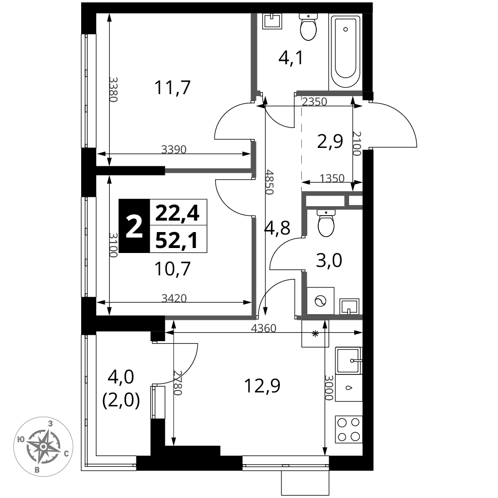 2-комнатная 52 м2 в ЖК 1-й Ясеневский корпус null этаж 5