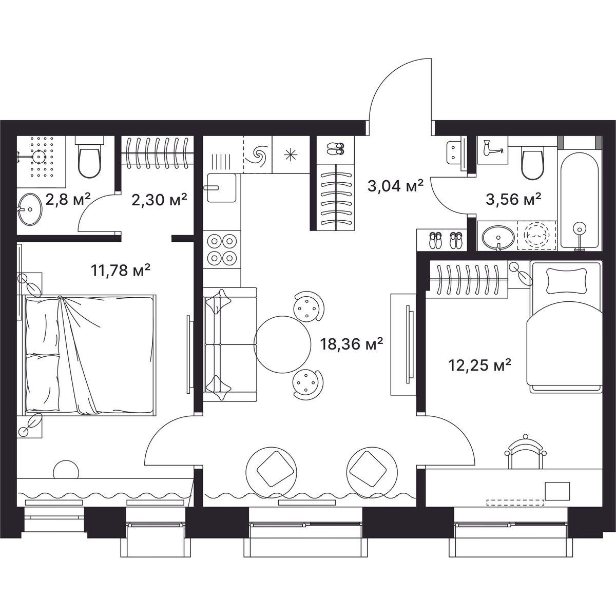 2-комнатная 54 м2 в ЖК Гагарин корпус null этаж 2