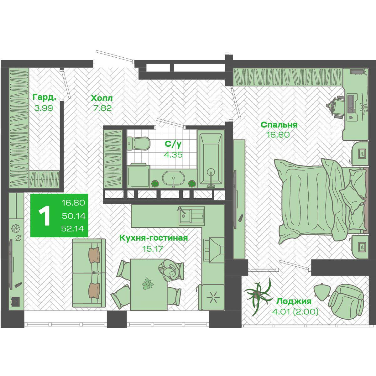 1-комнатная 50 м2 в ЖК Зелёный Бульвар 2 корпус null этаж 17