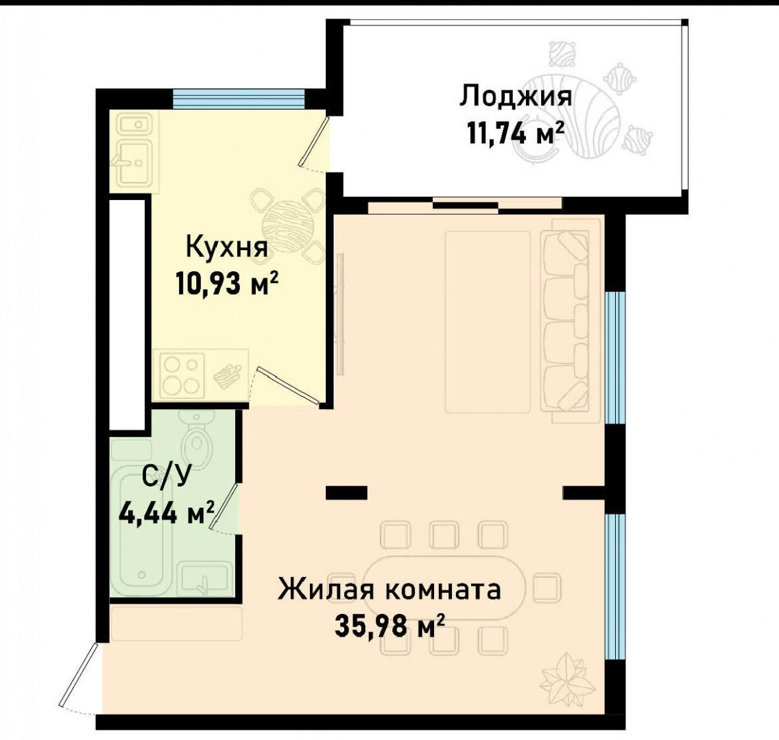 1-комнатная 63.1 м2 в ЖК undefined корпус null этаж 12