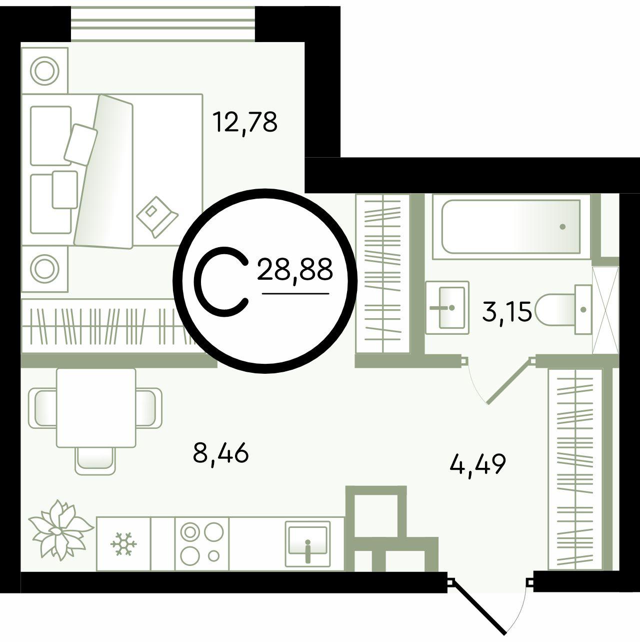 1-комнатная 28 м2 в ЖК Зеленые Аллеи корпус null этаж 2