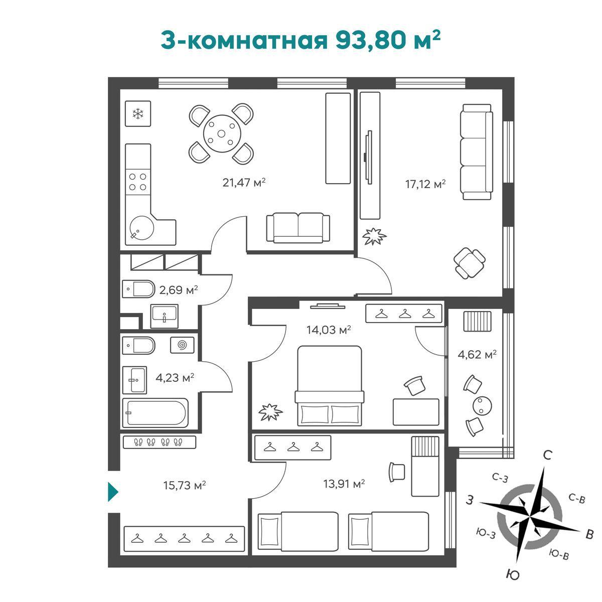 3-комнатная 93 м2 в ЖК Green House корпус null этаж 14