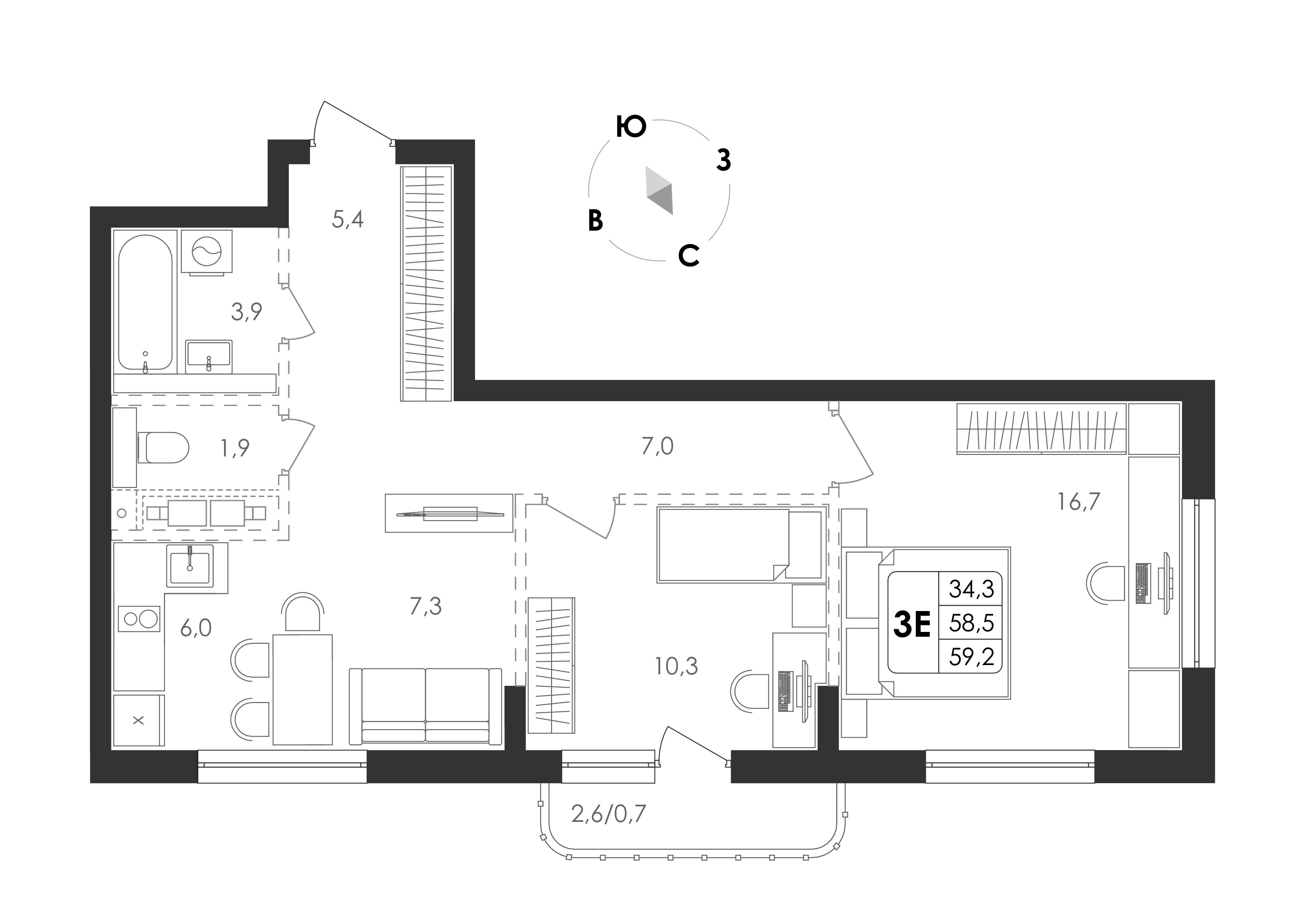 3-комнатная 59 м2 в ЖК Циолковский корпус null этаж 9