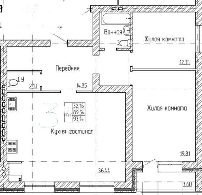 3-комнатная 96.1 м2 в ЖК undefined корпус null этаж 4