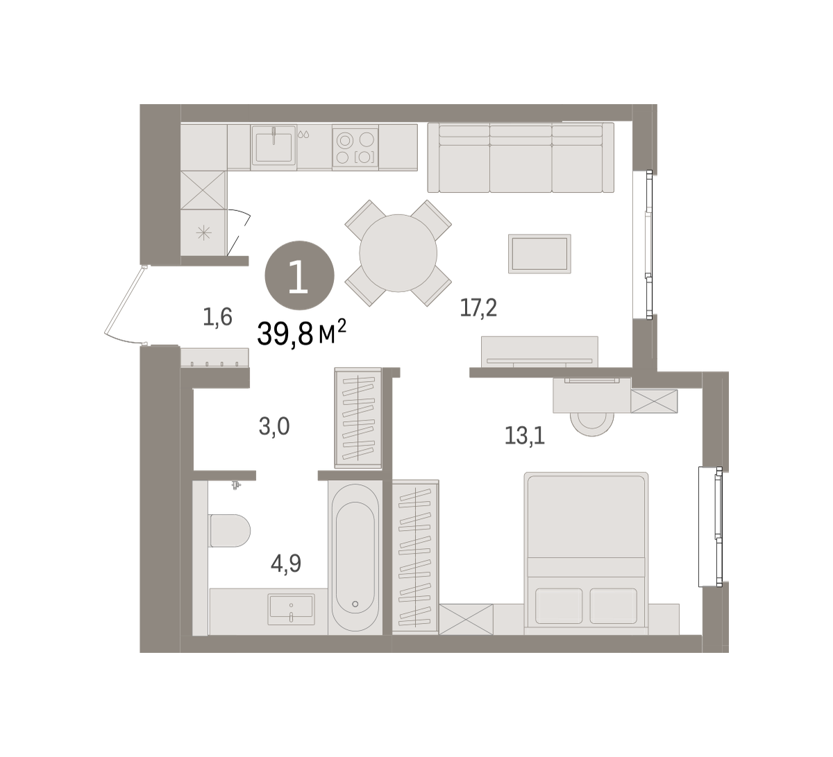 1-комнатная 39 м2 в ЖК Брусника в Новоселье корпус null этаж 4