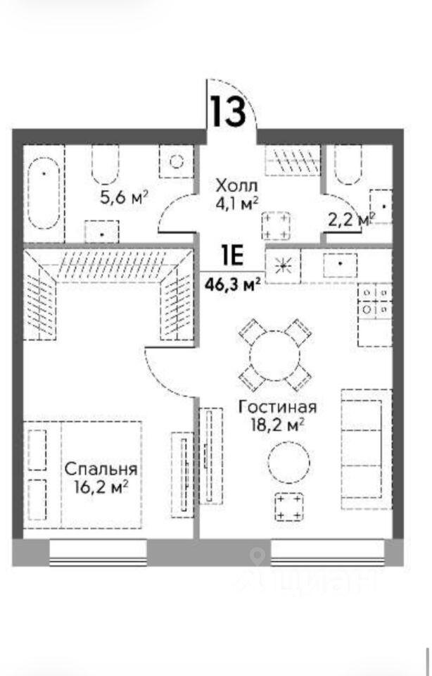 2-комнатная 46.3 м2 в ЖК undefined корпус null этаж 9