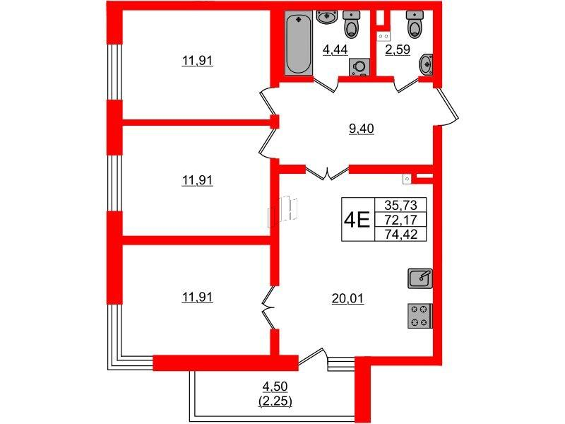3-комнатная 74 м2 в ЖК Золотые купола. Новая История корпус null этаж 2