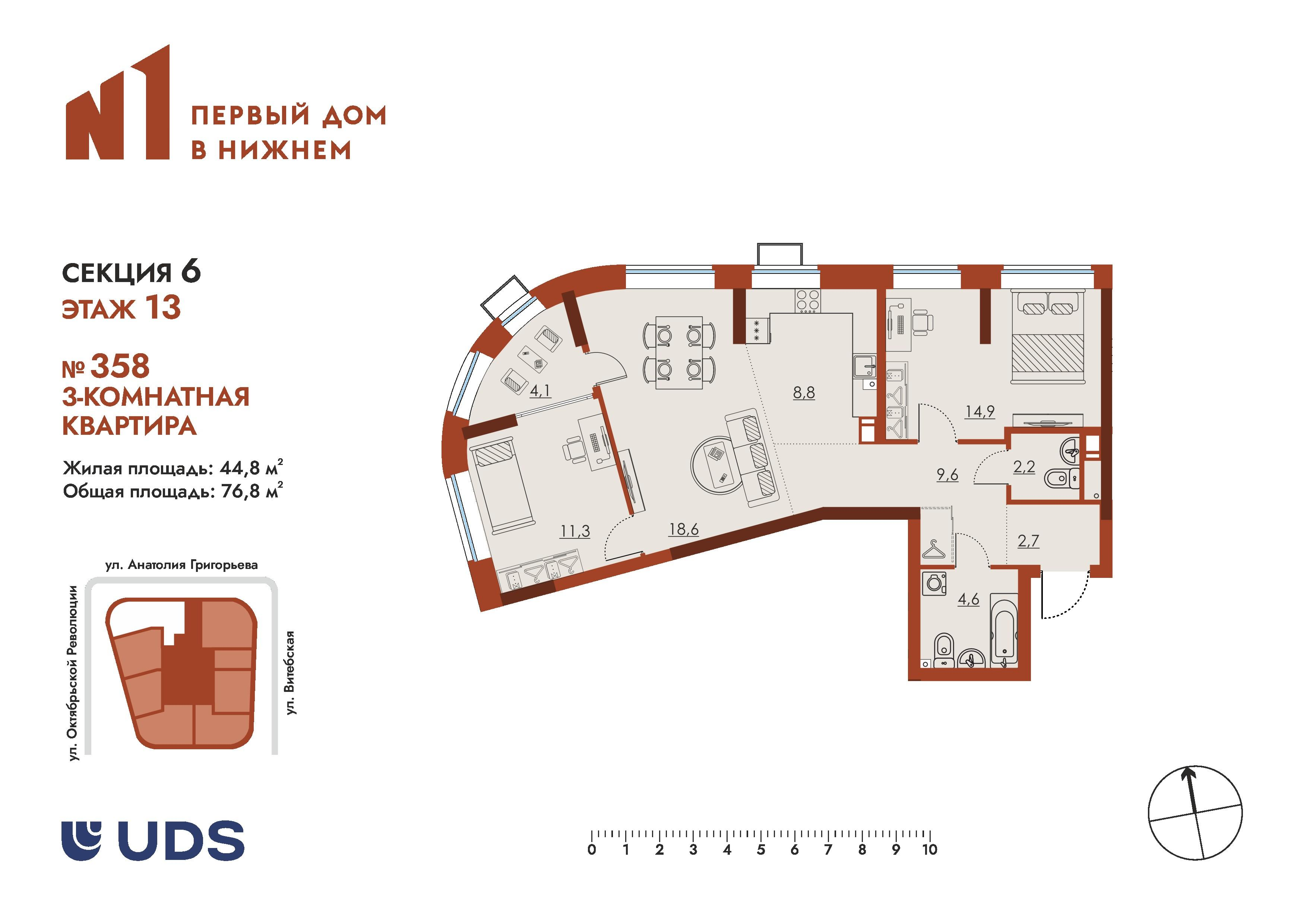 3-комнатная 76 м2 в ЖК N1 Первый дом в Нижнем корпус null этаж 13
