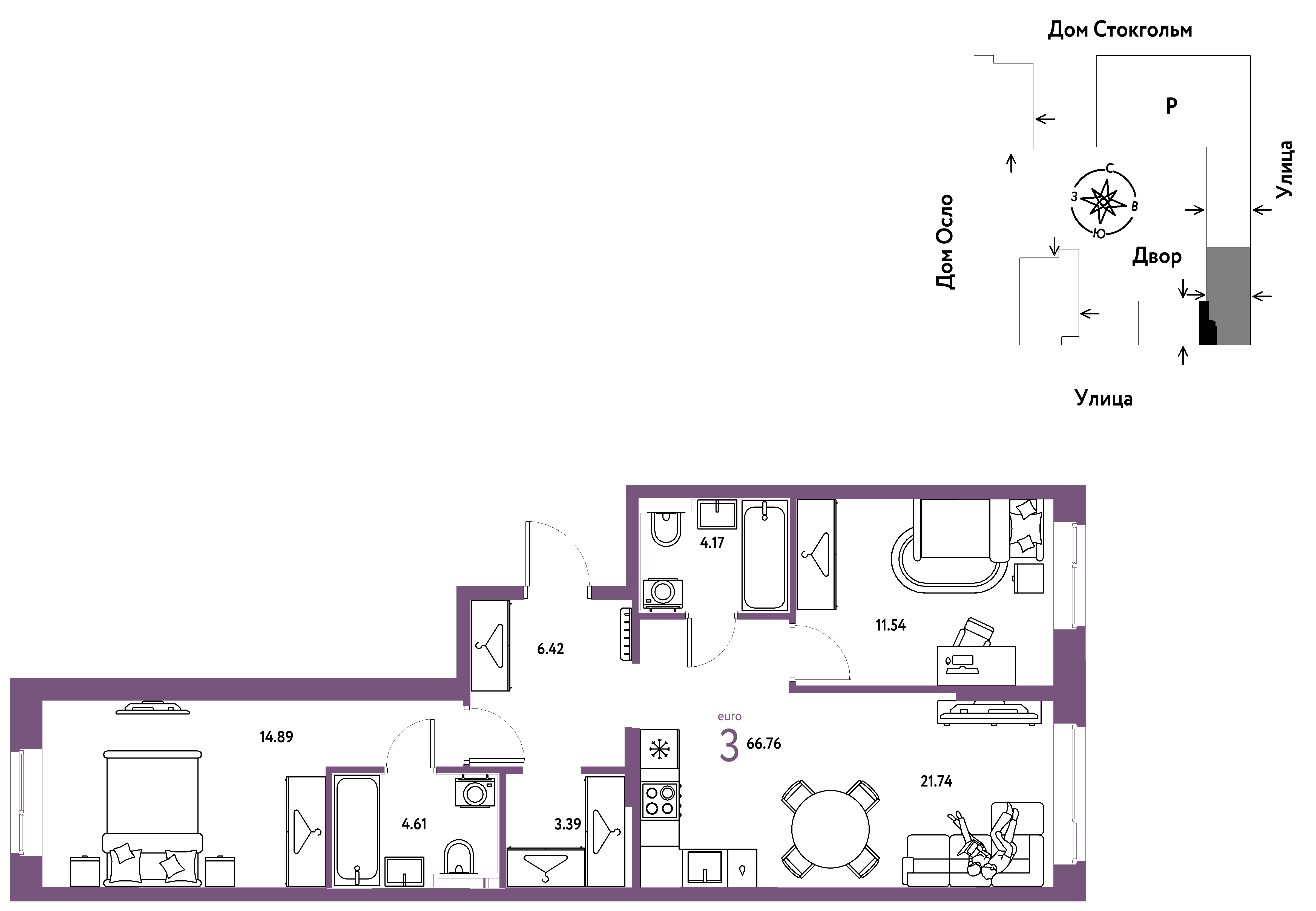 3-комнатная 66 м2 в ЖК Европейский берег 2.0 корпус null этаж 7