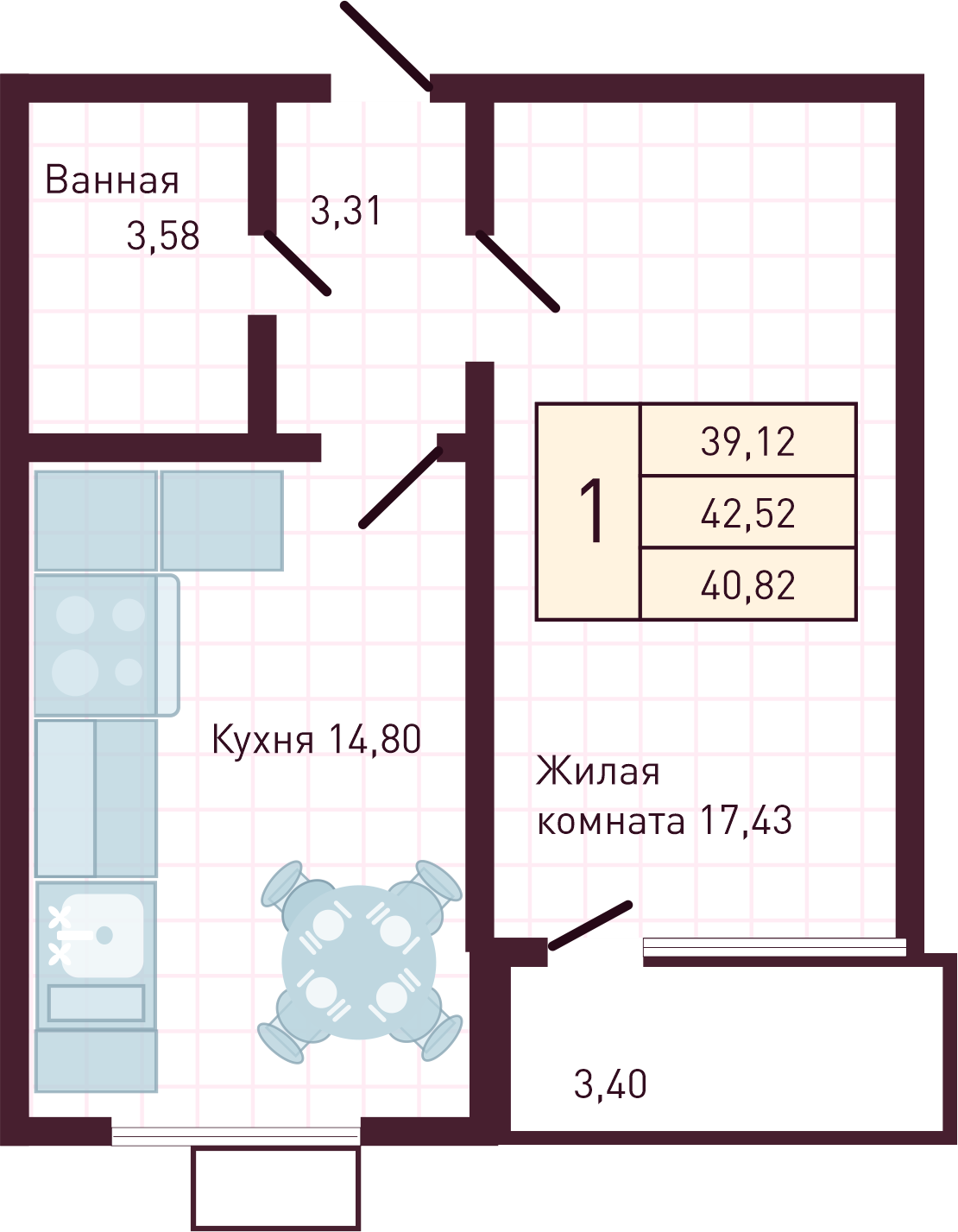 1-комнатная 40 м2 в ЖК Бетховен корпус null этаж 6