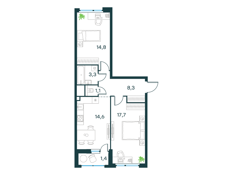 2-комнатная 61 м2 в ЖК Level Лесной корпус null этаж 2
