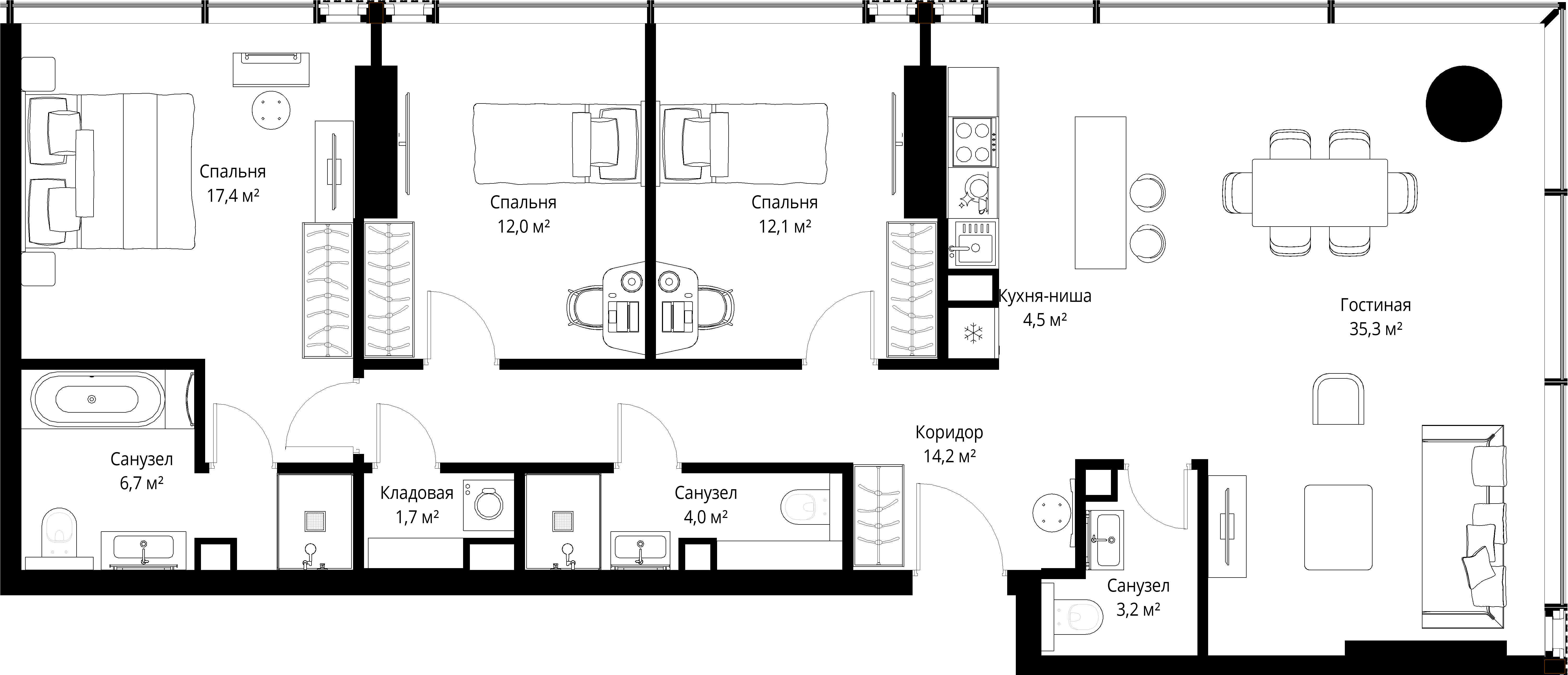 3-комнатная 111 м2 в ЖК СЛАВА корпус null этаж 7