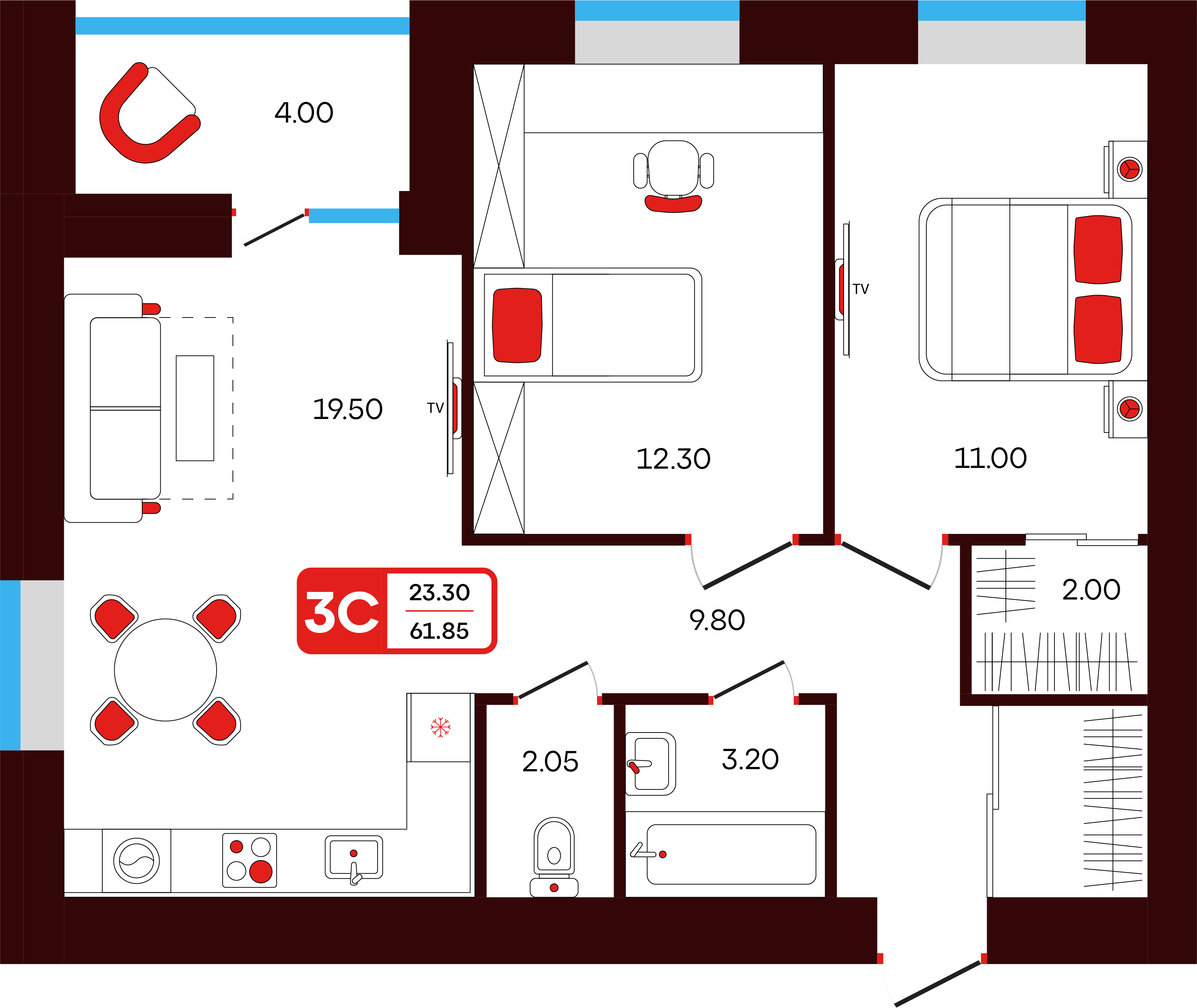 3-комнатная 61 м2 в ЖК Тепло корпус null этаж 13