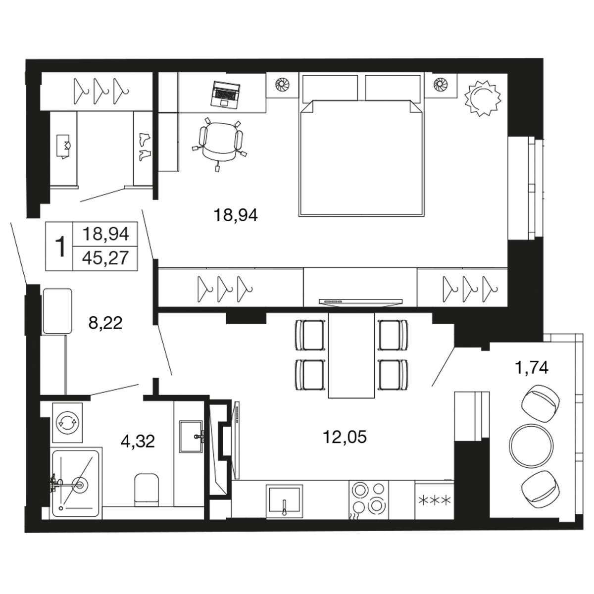 1-комнатная 45 м2 в ЖК Времена года корпус null этаж 3