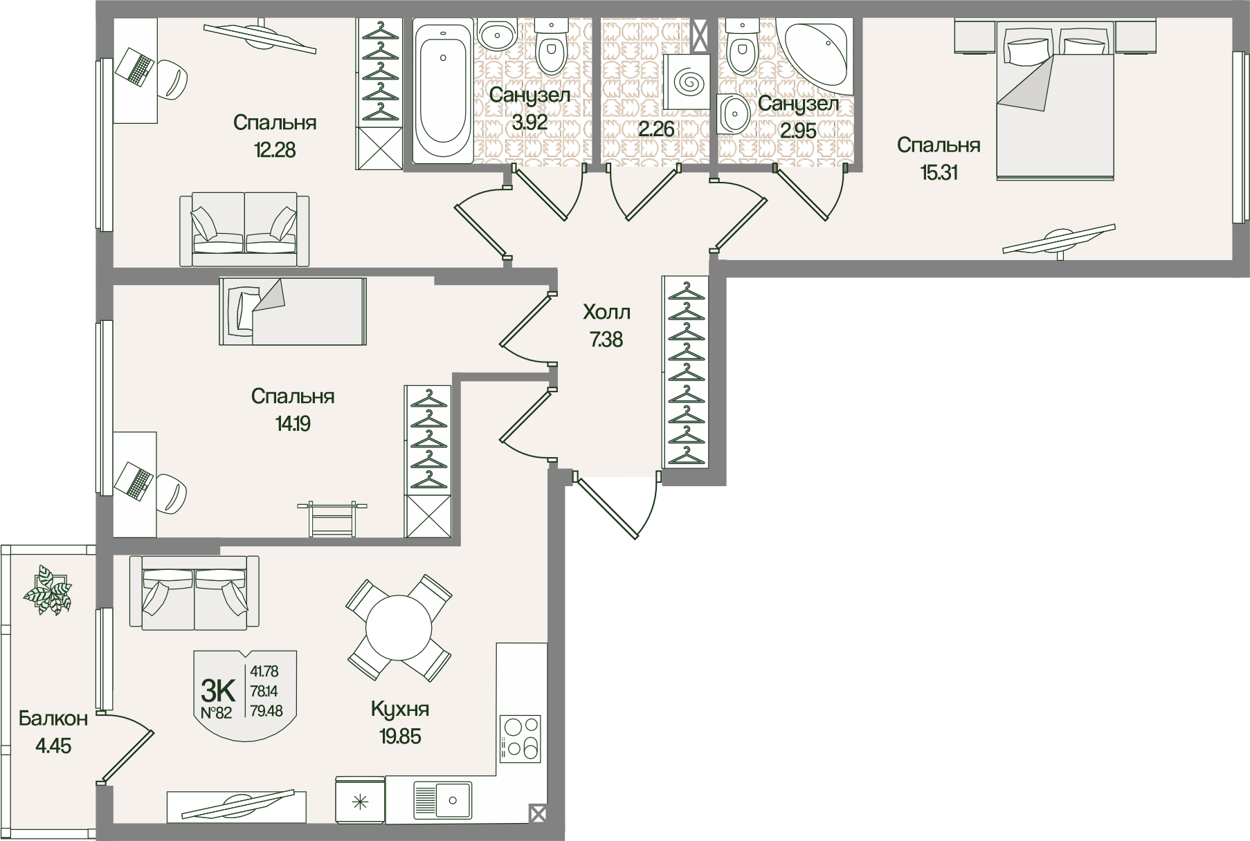 3-комнатная 79 м2 в ЖК Охтинские высоты корпус null этаж 2