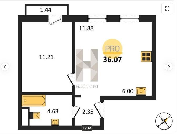 1-комнатная 35.8 м2 в ЖК undefined корпус null этаж 3